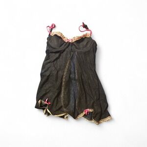 Jezebel black sheer Babydoll chemise S Animal Print Trim Romantic Grunge Y2K